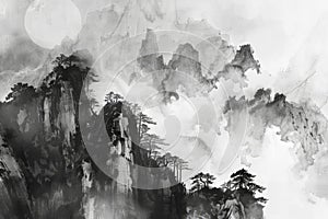 Misty mountain peaks in ink wash painting photo