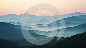 Misty mountain range landscape with soft pastel sky at sunrise creating a serene view