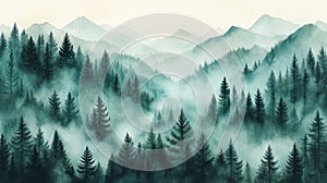 Misty Mountain Valley With Pine Trees