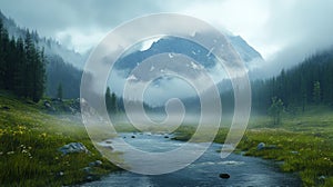 Misty Mountain Valley Stream Scenic Landscape