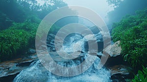 Misty Mountain Waterfall Cascading Over Dark Rocks