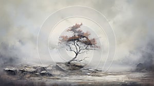 Misty Oak Tree On Hill - Oil Painting On Canvas