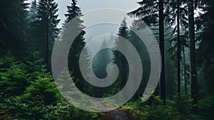 Misty Path Through Dense Pine Trees: A Dark Green Forest Tale