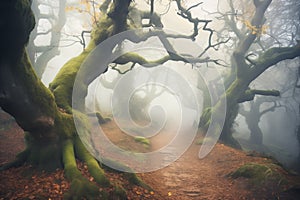 a misty path winding through towering old trees