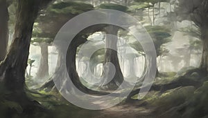 Misty Pathways Through the Magical Forest: An Enchanting Scene of Towering Trees and Glowing Fungi, Generative AI photo