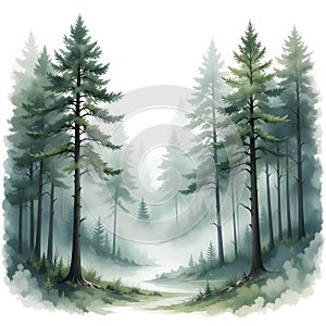 Misty pine forest path with tall evergreen trees and soft atmospheric light
