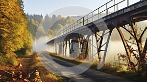 Misty Rails and Golden Leaves. The Enchanting Autumnal Scene at Railway Bridge. Generative AI