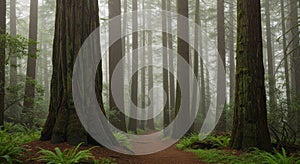 Misty redwood forest pathway