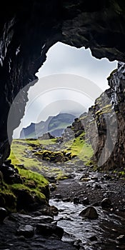 Misty River Flowing Through Icelandic Cave: A Captivating Natural Wonder