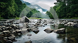 Misty River In A Forest: Serene Beauty Amidst Sharp Boulders And Rocks