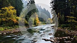 Misty River Landscape With Deciduous Trees And Firs