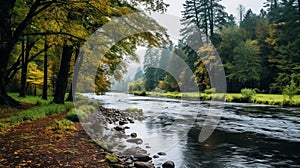 Misty River Landscape With Deciduous Trees And Firs