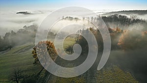 Misty rural landscape, aerial footage