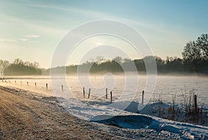 Misty rural landscape in wintertime