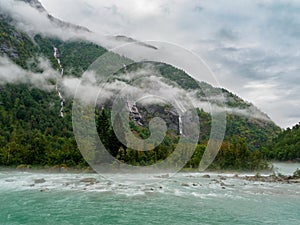 Misty scenic road to Nigardsbreen glacier, Norway