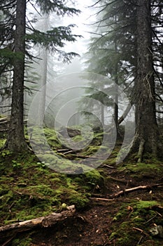 Misty spooky forest background, scary trees in horror fog woods Happy Halloween.