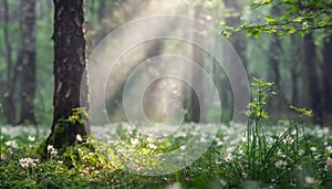 Misty spring forest. Sun light. Atmospheric scenery. Beautiful nature