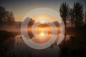 misty sunrise, casting warm glow over tranquil lake