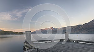 Misty sunrise, over lake Glenorchy, Queenstown, New Zealand