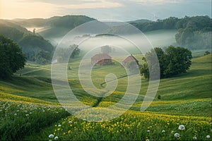 Misty sunrise over a lush green valley