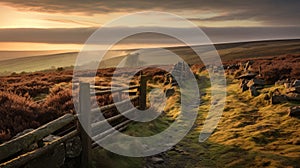 Misty Sunrise: Stone Wall Road Leading To English Moor