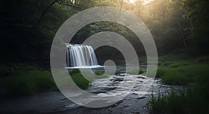 Serene Waterfall in Misty Forest at Sunrise photo