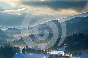 Misty sunset in Alps