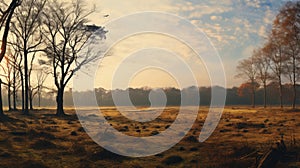 Misty Sunset Field With Dead Trees: Anamorphic Lens Flare Landscape photo