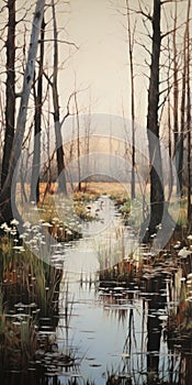 Misty Swamp A Naturalistic Oil Painting Of Rural Life