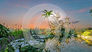 Misty tropical panorama scene at sunset