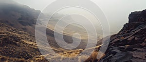 Misty valley between rugged mountain slopes