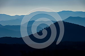 Misty view of the Blue Ridge Mountain Range from Cullowhee, North Carolina, USA.