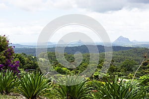 Misty view of the Glasshouse Mountains from Maleny.