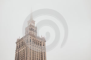 Misty Warsaw - Palace of Culture and Science in fog in Warsaw, Poland