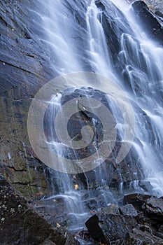 Misty water cascading over rocks