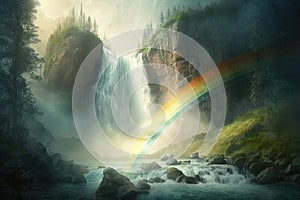 a misty waterfall surrounded by rainbows, sunbeams, and greenery