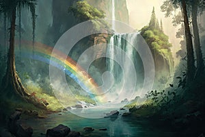 a misty waterfall surrounded by rainbows, sunbeams, and greenery