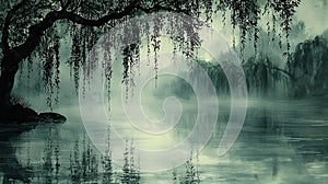 Misty weeping willow lake view