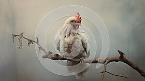 Misty White Rooster: A Moody And Realistic Photograph Of A Chicken On A Branch