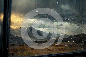 Misty window with rain drops blurred background, Mountains view window AI Generated