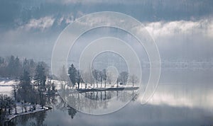 Misty winter afternoon Lake Bohinj, Slovenia