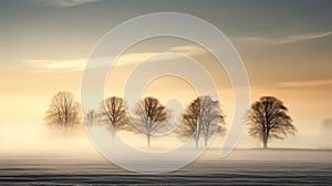 Misty Winter Landscape: Illuminated Trees In Rural Germany