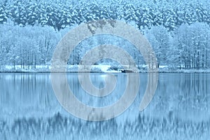 Misty winter panorama.Beautiful Lithuania nature.