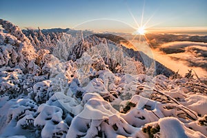 Misty winter sunset on Salatin peak in Low Tatras mountains