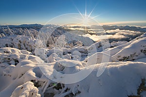 Misty winter sunset on Salatin peak in Low Tatras mountains