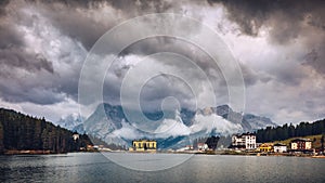 Misurina Lake in the Dolomites mountains in Italy near Auronzo d