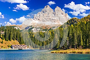 Tre Cime di Lavaredo and Misurina Lake, Dolomite Mountains in Su photo