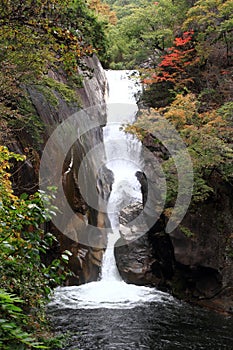 Mitake Shosenkyo gorges and Senga fall with red autumn leaves