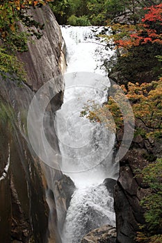 Mitake Shosenkyo gorges and Senga fall with red autumn leaves