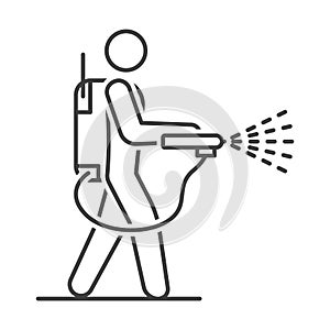 Mite disinfectant man icon. Disinfector icon. Linear image of a person with a disinfectant against ticks, beetles, pests